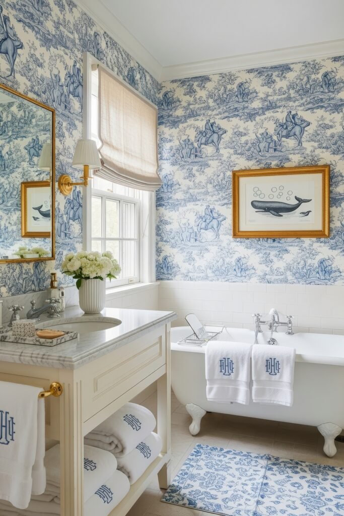 Small Changes, Big Smiles with funny bathroom decor 24 Elegant bathroom decor with blue-and-white wallpaper, marble vanity, and framed whale art above the tub adding a whimsical funny bathroom decor detail.