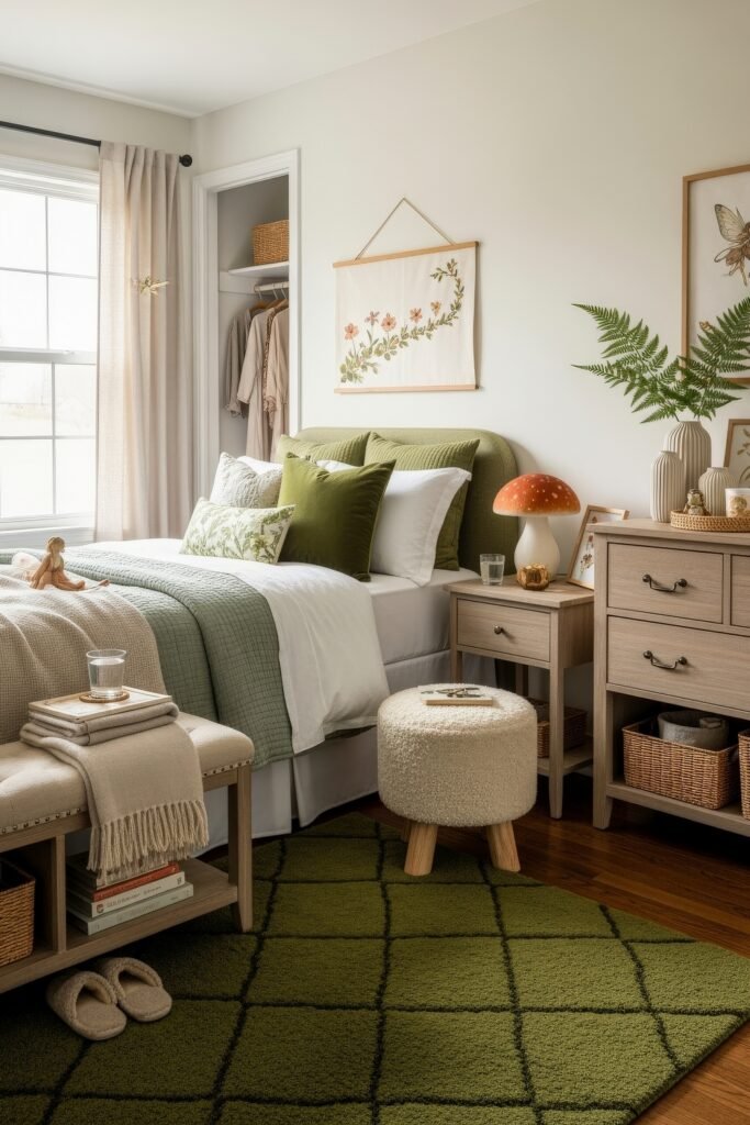Fresh girls bedroom ideas for a stylish, cozy escape 20 Nature-themed bedroom with green bedding, botanical wall art, rattan accents, and whimsical mushroom-shaped lamp.