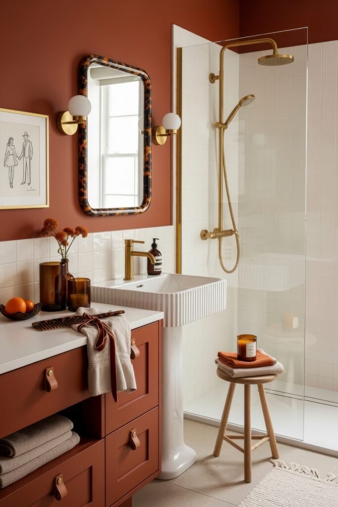 Bathroom Decor Inspo: Fresh Ideas for gold bathroom decor 19 Earthy bathroom with rust-colored vanity, white sink pedestal, gold fixtures, tortoiseshell-framed mirror, and amber glass accents.