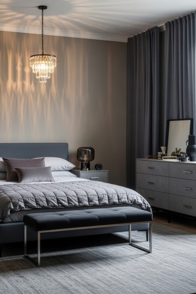 Grey bedroom ideas for a calm, stylish retreat 19 Contemporary bedroom featuring grey quilted bedding, plush accent pillows, dramatic chandelier lighting, and sleek furniture.