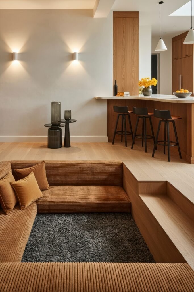 Smart Ways to Style a Kitchen and Living Room Combo 19 Modern sunken living space with rust-colored corduroy seating and a raised kitchen bar with wood cabinetry, black bar stools, and warm ambient lighting for a cozy yet sleek combo design.