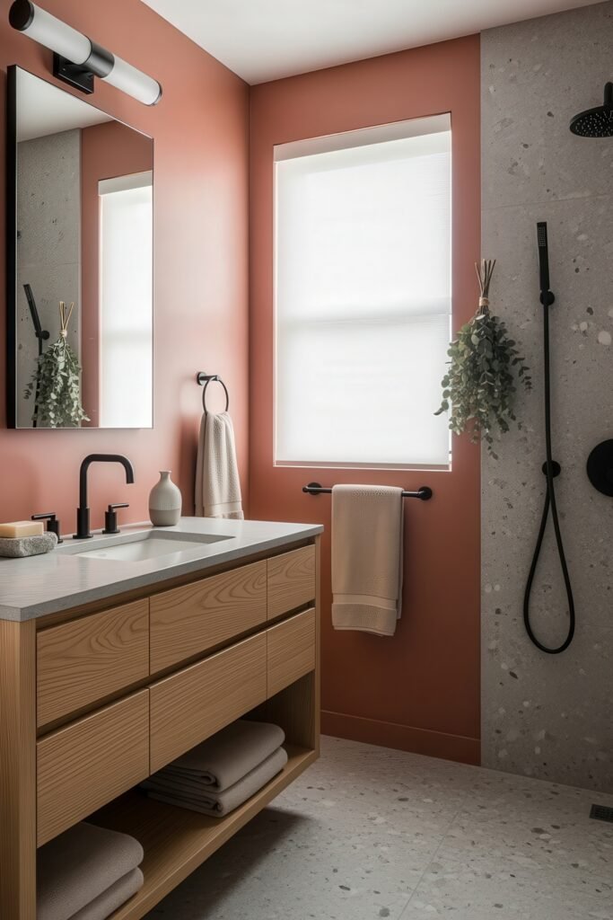 13 Bold Ideas for Red Bathroom Decor That Wow 19 Contemporary bathroom with terracotta-toned walls, wood vanity, and concrete accents, styled with black fixtures and greenery.