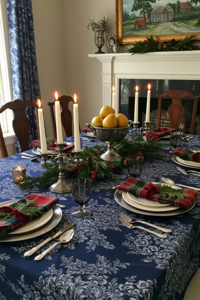 Cozy, Collected Magic With Vintage Christmas Decor Ideas 18 Dining table with a blue patterned tablecloth, red plaid napkins, greenery, candles, and a silver bowl of pears for traditional cozy Christmas décor.