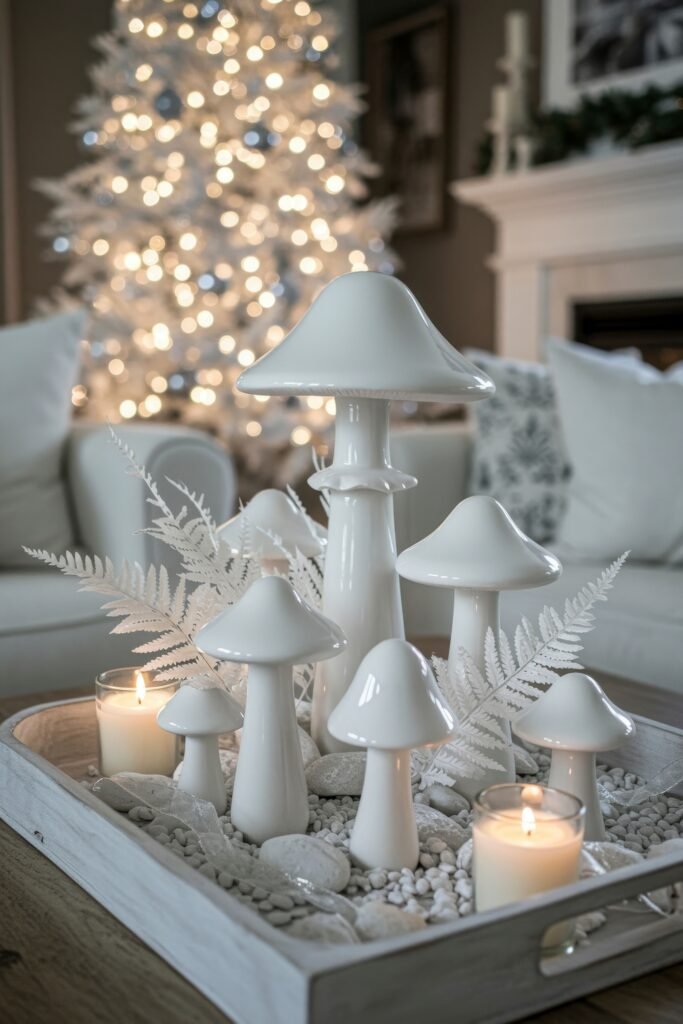 Cozy holiday scene with a tray centerpiece of white ceramic mushroom figures, candles, and snowy accents, with a glowing Christmas tree blurred in the background.