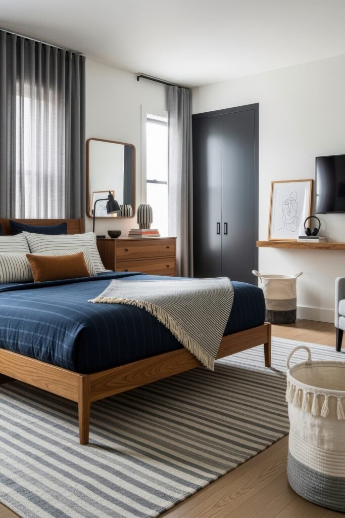 Effortlessly Stylish bedroom ideas for men That Feel Personal 19 Inviting bedroom decorated with a navy striped bedspread, wood furniture, striped rug, and balanced with black and gray accents for timeless bedroom ideas.