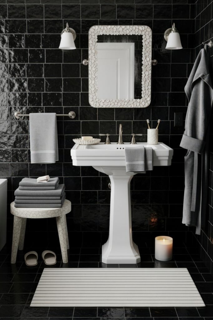 Fresh Ideas for Black and White Bathroom Decor 20 Classic black and white bathroom decor with a pedestal sink, stacked gray towels, a mosaic-framed mirror, and glossy black tiles creating a refined, minimalist space.