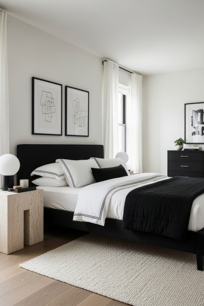 Minimalist bedroom styled with a black bed frame, white and black-trimmed bedding, abstract wall art, and black furniture against light walls.
