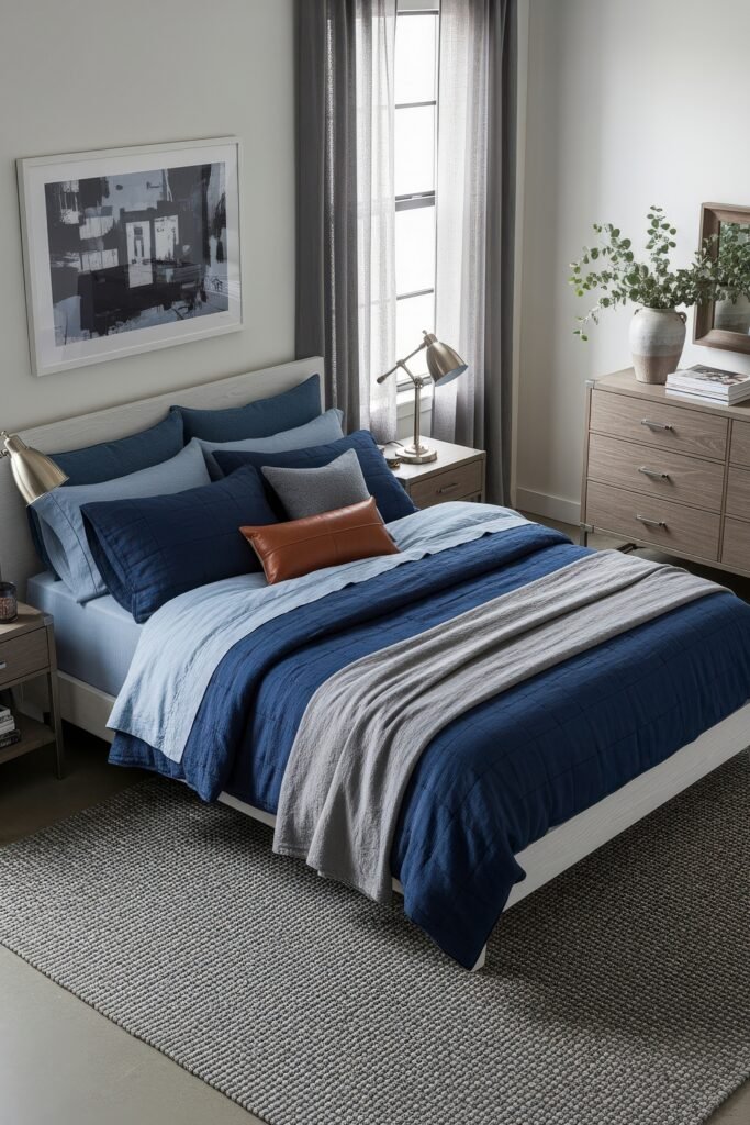 Fresh blue bedroom ideas for a calm, chic retreat 21 Modern bedroom with layered blue and gray bedding, leather accent pillow, gray curtains, and abstract artwork above the bed.