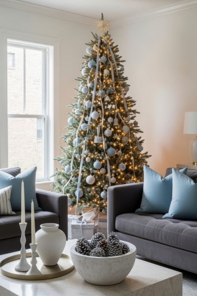 Cozy Holiday Magic With Blue Christmas Décor 19 Bright modern space with a Christmas tree decorated in soft blue ornaments and white ribbon, paired with gray seating and frosted pinecones for a refined Christmas look.