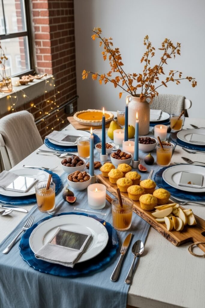 Fresh Ways to Style Blue Thanksgiving Table Décor 17 Festive spread with blue accents, candlelight, muffins, nuts, pears, pumpkin pie, and autumn branches in a vase.