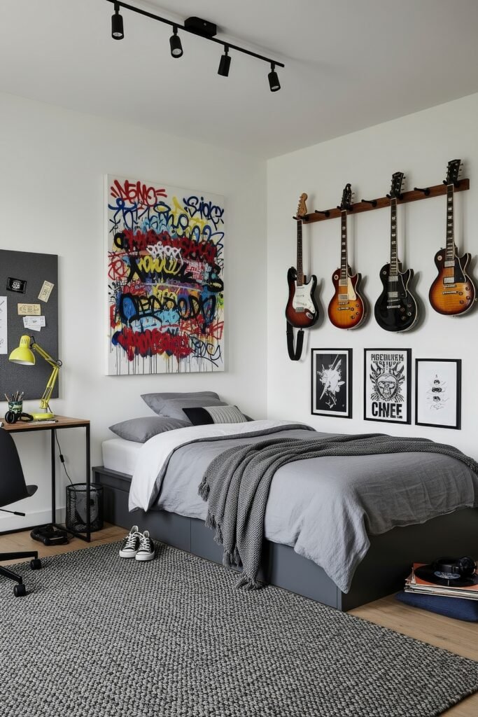 Breezy, Stylish Boys Bedroom Ideas for Modern Families 20 Music-themed boys bedroom with gray bedding, wall-mounted electric guitars, abstract graffiti art, and a compact desk with a yellow lamp, combining bold personality with a modern vibe.