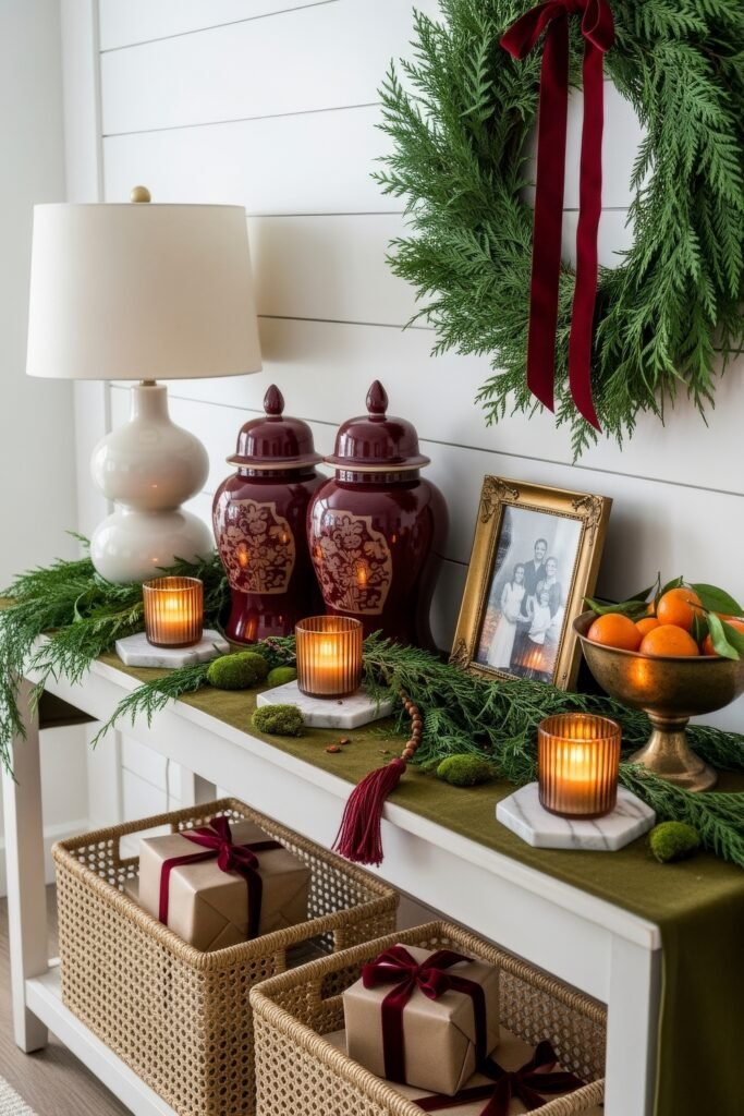Cozy-Luxe Ideas for Burgundy Christmas Decor 19 Console styled with burgundy jars, candles, oranges, and a greenery wreath, with wrapped presents below for a Cozy Christmas Décor look.