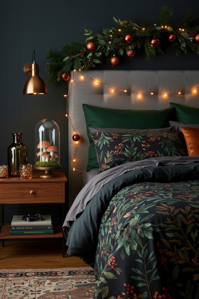 Elevate Your Bedroom with Cozy Christmas Bedding 19 Dark-toned bedroom with botanical print bedding, copper accents, and glowing garland with ornaments, creating a rich and cozy Christmas look.