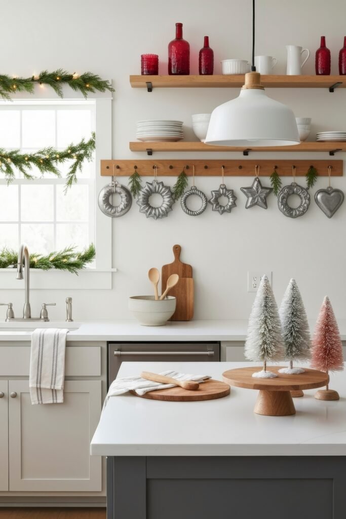 Cozy Ways to Style a Christmas Kitchen That Feels Magical 15 Cheerful christmas kitchen featuring open shelving with red glassware, garland-wrapped window, vintage tin molds, and pastel bottlebrush trees on a white island.