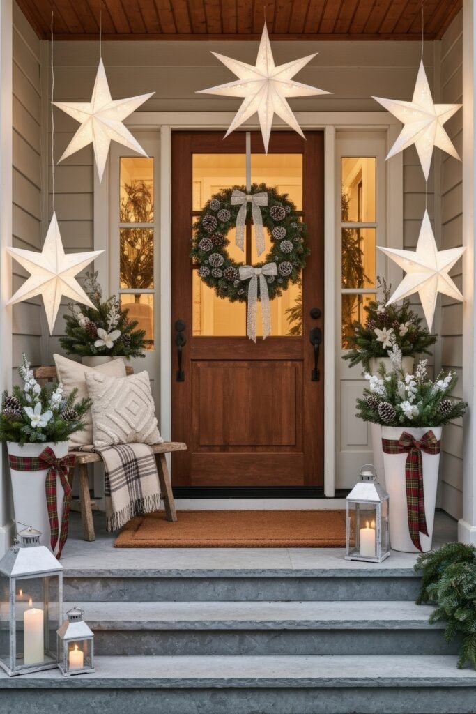 Cozy Entry Magic for christmas porch décor 19 Wooden door framed by glowing star lanterns, frosted greenery planters tied with plaid bows, pinecone wreath with silver ribbon, and a cozy bench with plaid blanket.