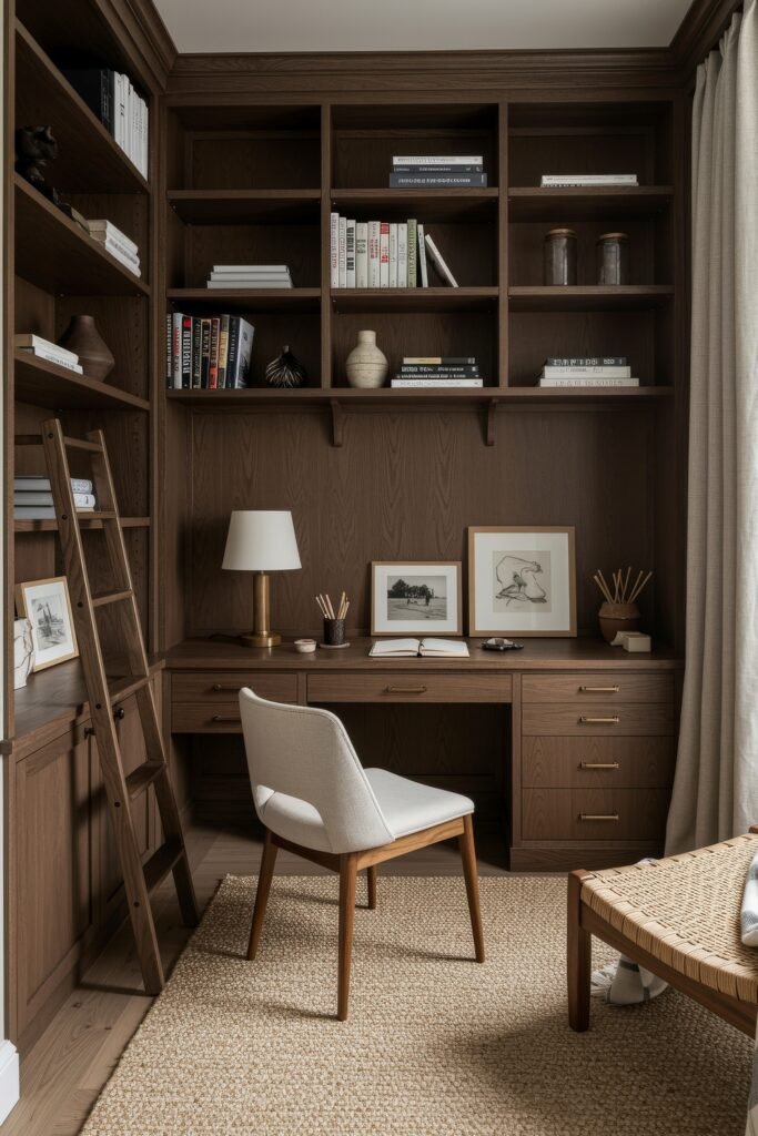 Closet Office (Cloffice) Ideas For A Chic, Calm Workspace 20 Corner built-in office with dark wood cabinetry, rolling ladder, open shelving, and framed artwork above the desk.