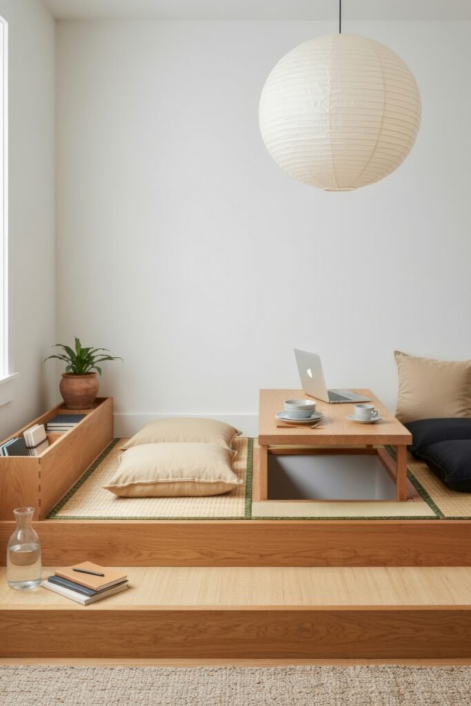 Design-Forward Ways to Style a Dining Room Office Combo 20 Calm tatami dining room office combo with a sunken wooden table, neutral cushions, and a laptop set up for work beside tea cups.