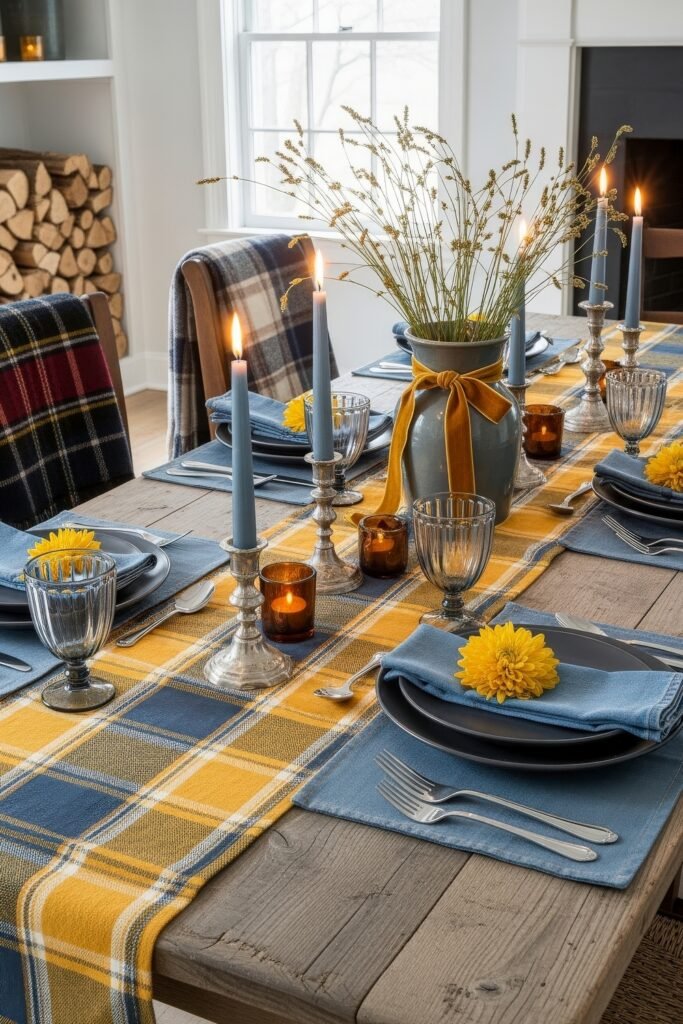 Modern, Cozy Ideas for Fall Thanksgiving Décor 20 A rustic dining table styled with a plaid runner, blue napkins with yellow flowers, and blue candles for a cheerful Thanksgiving décor.