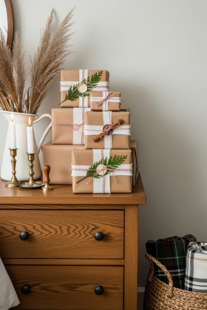 Cozy Ways to Style Farmhouse Christmas Décor 18 Stack of kraft-paper Christmas gifts tied with red and white twine, greenery, and wax seals, styled on a wooden dresser with brass candlesticks and pampas grass.