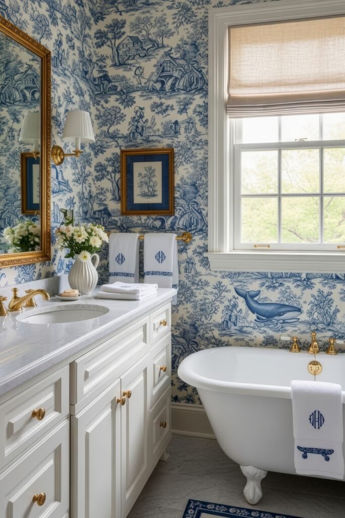 Small Changes, Big Smiles with funny bathroom decor 25 Classic bathroom decor with detailed wallpaper, gold accents, and a playful whale illustration on the wall for a subtle funny bathroom decor note.