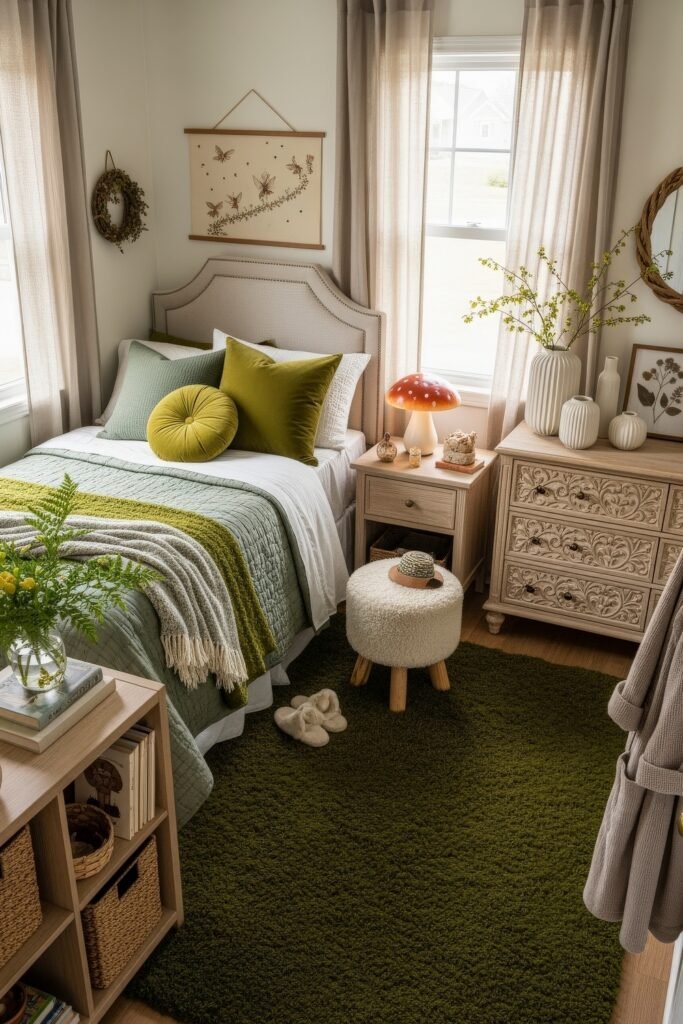 Fresh girls bedroom ideas for a stylish, cozy escape 21 Cozy green-themed bedroom with layered bedding, botanical accents, and a whimsical mushroom lamp for a nature-inspired retreat.