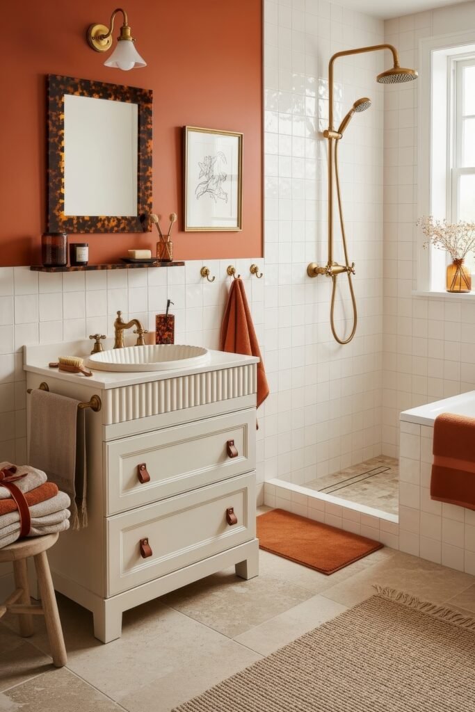 Bathroom Decor Inspo: Fresh Ideas for gold bathroom decor 20 Retro-inspired bathroom with warm terracotta walls, white vanity, gold bathroom decor, patterned mirrors, and white tiled shower area.