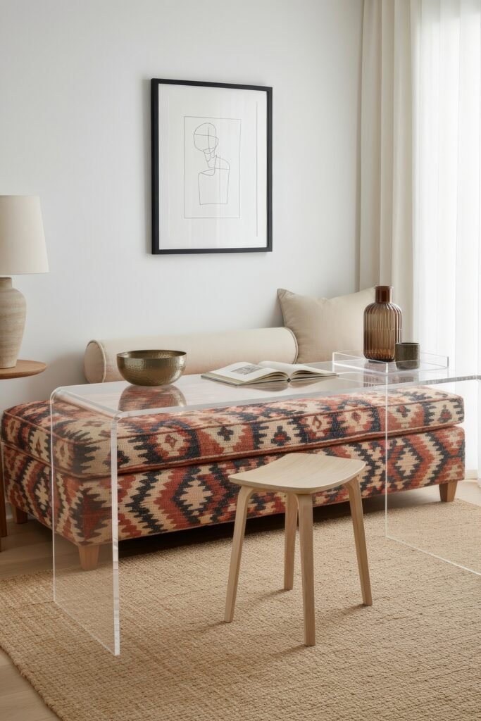 Clever Ways to Style a Home Office Guest Room Combo 18 Warm and modern combo space featuring a patterned daybed, acrylic desk, and airy atmosphere with abstract artwork and soft natural light.