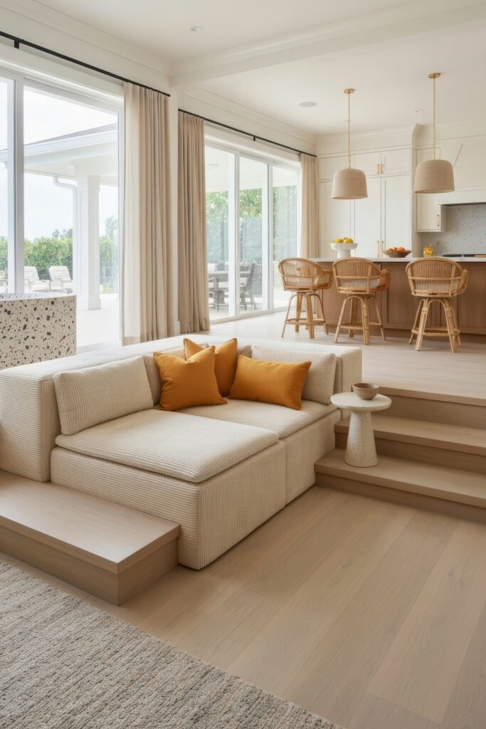 Smart Ways to Style a Kitchen and Living Room Combo 20 Light-filled combo space featuring a sunken cream sectional with golden accent pillows, a terrazzo island, woven bar stools, and expansive glass doors opening to an outdoor patio.