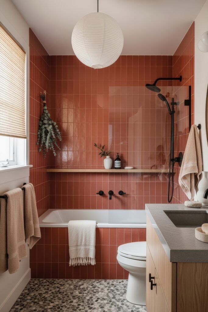13 Bold Ideas for Red Bathroom Decor That Wow 20 Cozy bathroom with rust-red tiled shower walls, wood vanity, and stone-look flooring, accented by matte black fixtures and soft neutral towels.