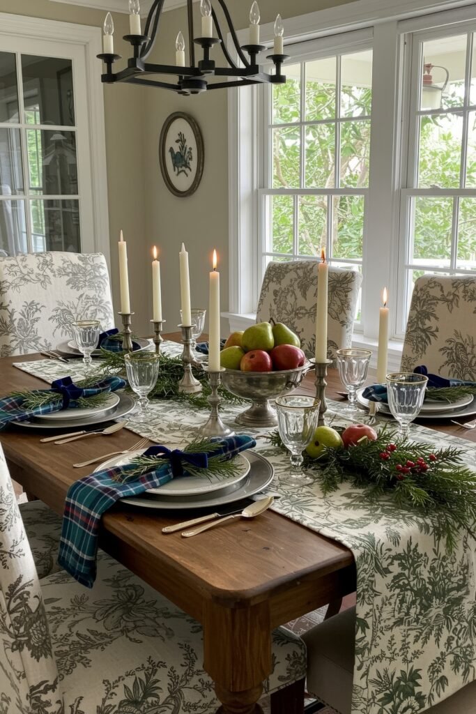 Cozy, Collected Magic With Vintage Christmas Decor Ideas 19 Dining room table with greenery, plaid napkins, silver candelabras, and a bowl of apples and pears as a centerpiece, styled for vintage Christmas décor ideas.