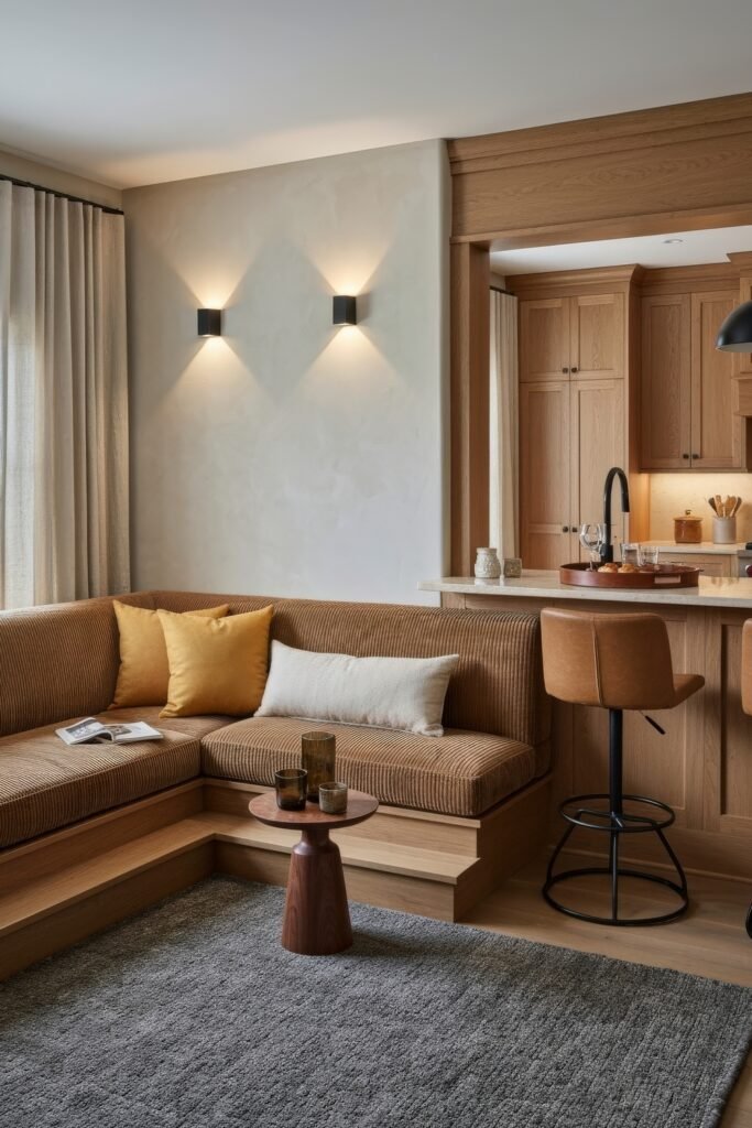 Smart Ways to Style a Kitchen and Living Room Combo 21 Cozy kitchen and living room combo with a sunken corduroy sectional, warm wood cabinetry, leather bar stools, and ambient wall lighting, blending soft textures and earth tones.