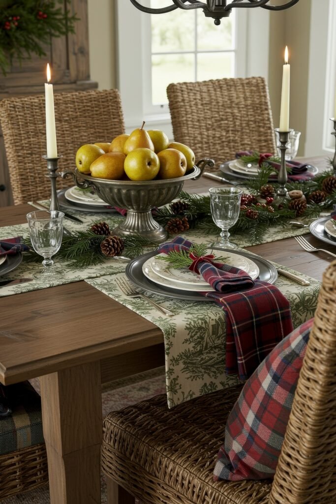 Cozy, Collected Magic With Vintage Christmas Decor Ideas 20 Dining table decorated with greenery, pinecones, plaid napkins, and a silver bowl of pears as the centerpiece for a rustic cozy Christmas décor setting.