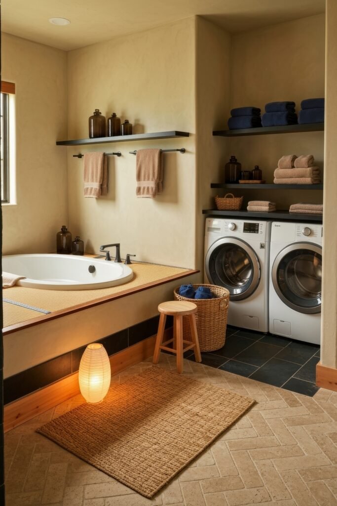 Stylish Small Spaces: Bathroom Laundry Combo 18 Warm-toned bathroom with Japanese-inspired soaking tub, ambient lighting, and a laundry nook with washer and dryer under dark shelves holding folded towels.