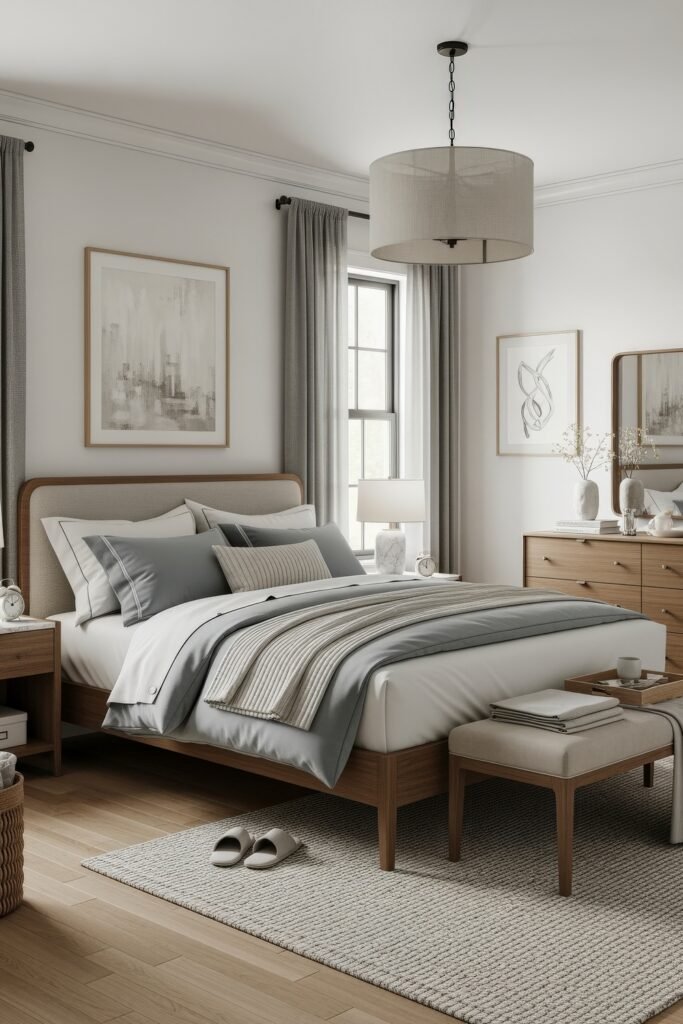 Elegant bedroom with gray and white bedding, wood furniture, and minimal artwork, styled with a calming neutral palette.