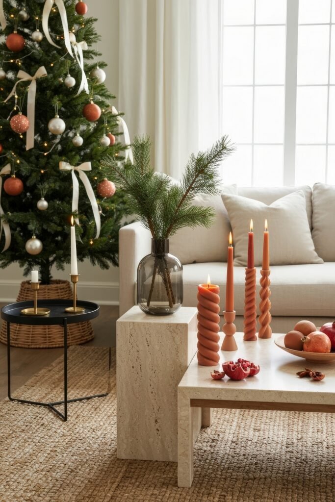 Cozy, Modern Magic for Your christmas living room 19 A modern holiday living room with a Christmas tree in copper and white ornaments, candles in sculptural shapes, and natural textures accented with pomegranates.
