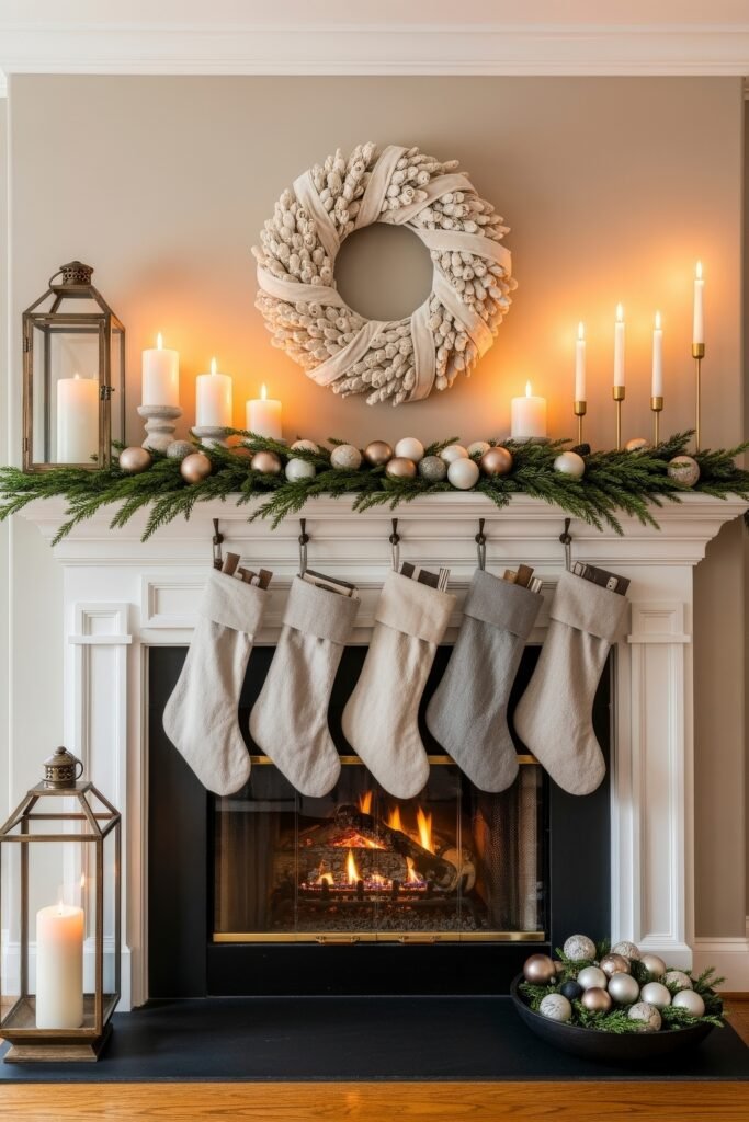 Warm christmas mantle decor with glowing candles, evergreen garland, metallic ornaments, a neutral wreath, and five linen stockings by the fire.