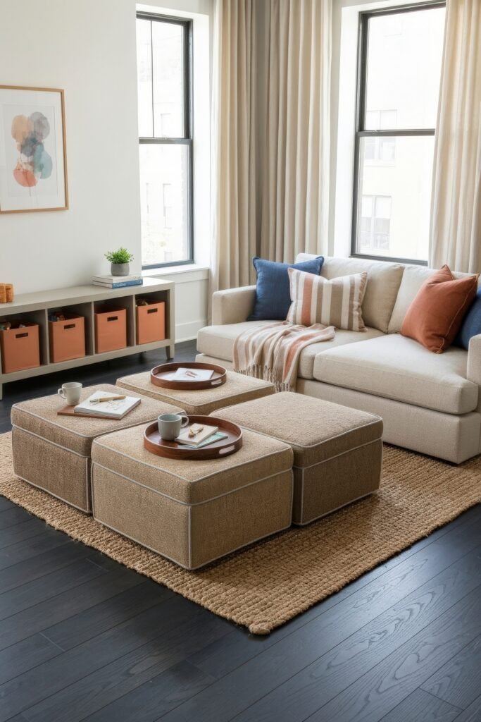 A Living Room Playroom Combo That Works 19 Neutral-toned lounge with a cozy sofa, striped pillows, modular ottomans doubling as coffee tables, and cubby storage with terracotta bins.