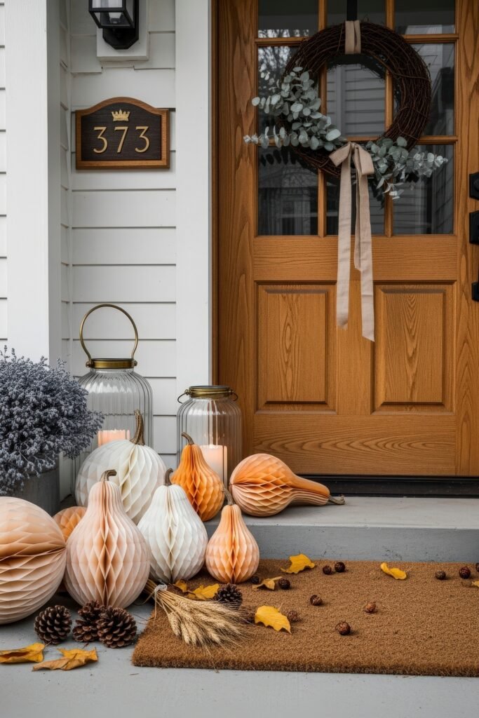 Warm, Modern Thanksgiving Door Decorations to Welcome Fall 15 Porch with a wood door and grapevine wreath accented with eucalyptus and ribbon, styled with paper gourds, glass lanterns, pinecones, and autumn leaves.