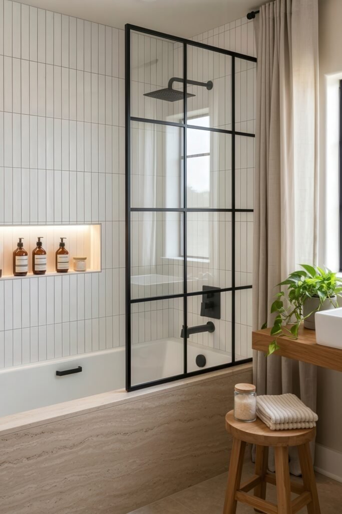Fresh, Stylish Ways To Elevate Your Tub Shower Combo 19 Contemporary bathroom with a tub shower combo, white vertical tiles, black-framed glass partition, matte black fixtures, and light wood accents.