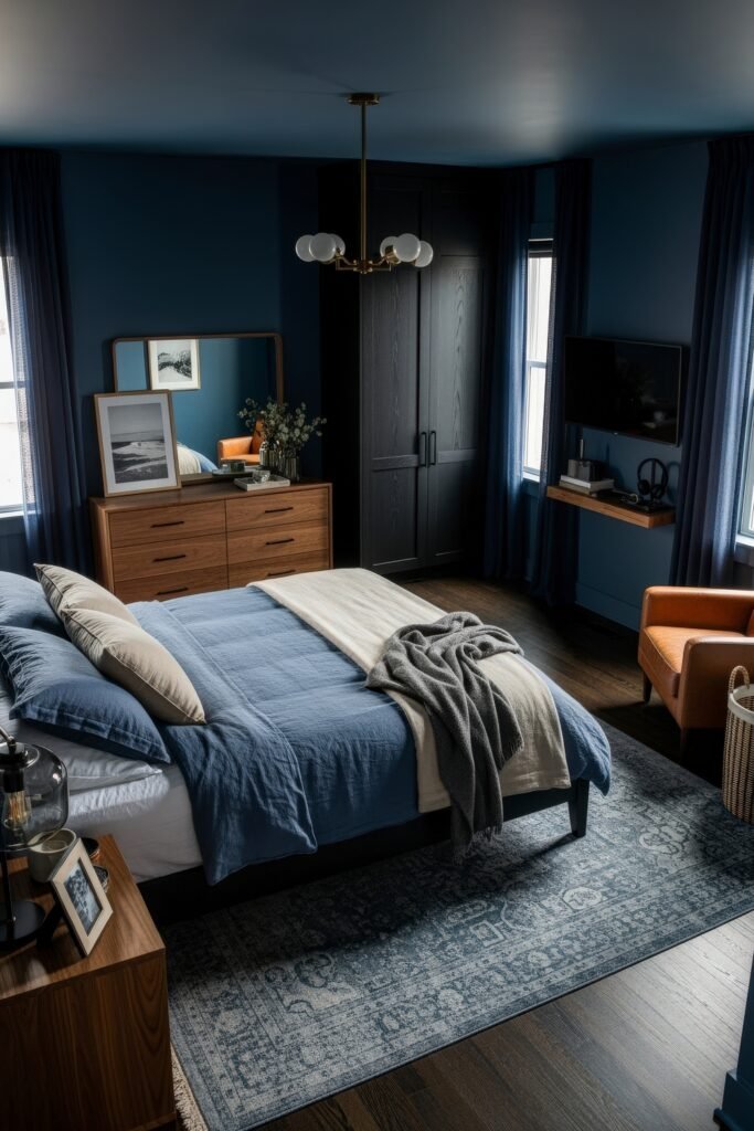 Effortlessly Stylish bedroom ideas for men That Feel Personal 20 Sophisticated bedroom in deep blue tones, with wood dresser, black wardrobe, warm leather chair, and layered bedding for a bold yet cozy retreat.