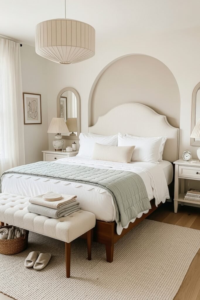 Bright airy bedroom with an arched accent wall, upholstered headboard, and mint green quilt for a refreshing touch.