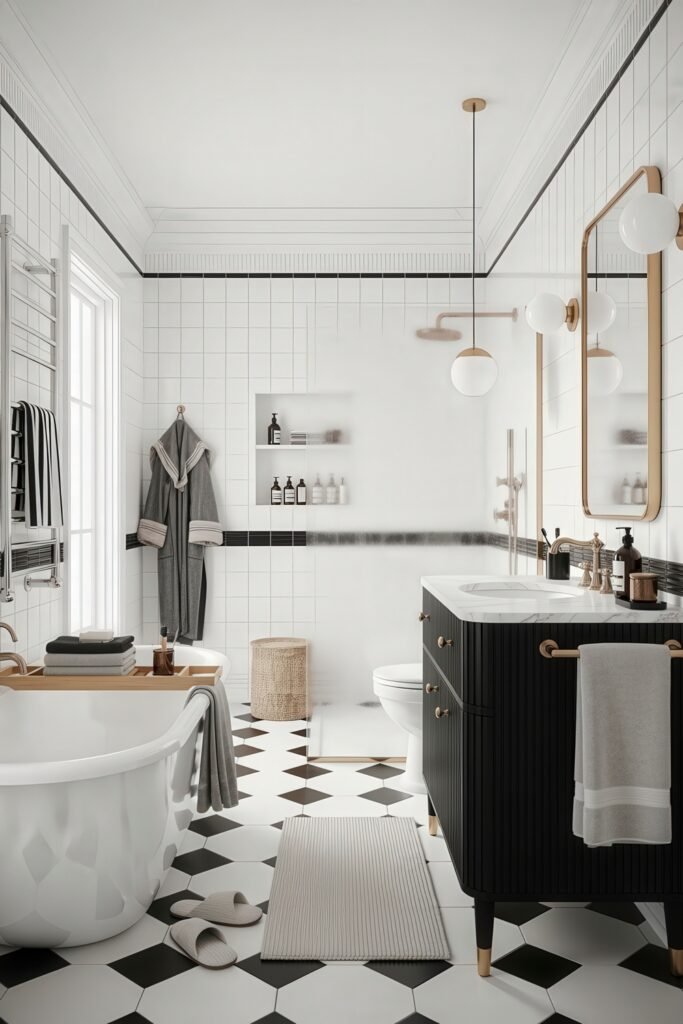 Fresh Ideas for Black and White Bathroom Decor 21 Sophisticated black and white bathroom decor featuring a freestanding tub, black vanity with gold accents, geometric floor tiles, and globe pendant lights for a refined modern look.