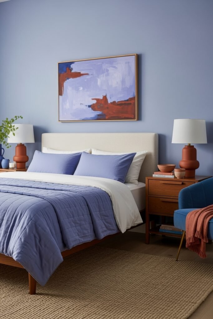 Fresh blue bedroom ideas for a calm, chic retreat 22 Contemporary bedroom with periwinkle walls, blue bedding, rust-colored lamps, and bold abstract artwork in blue and orange tones.