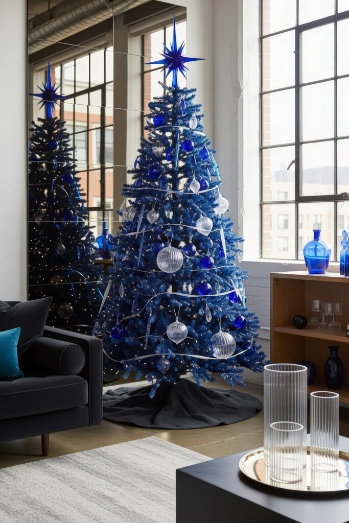 Cozy Holiday Magic With Blue Christmas Décor 20 Loft-style living room with a bold blue Christmas tree decorated in silver and cobalt ornaments, topped with a large starburst, reflected dramatically in mirrored panels.
