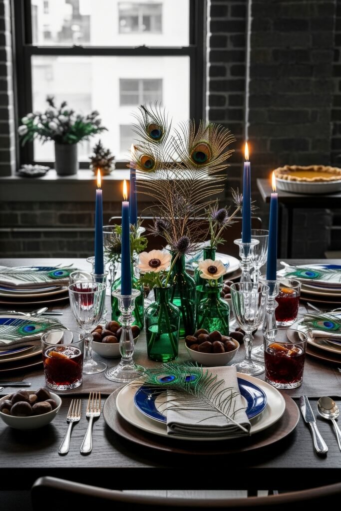 Fresh Ways to Style Blue Thanksgiving Table Décor 18 Dramatic Thanksgiving décor with blue candles, peacock feathers, emerald glass vases, and crystal glassware.
