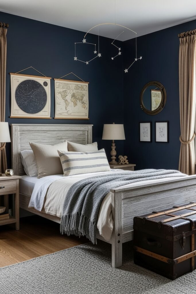 Breezy, Stylish Boys Bedroom Ideas for Modern Families 21 Classic boys bedroom with deep navy walls, vintage-style maps, a rustic wood bed, and constellation-themed decor, creating a calm and timeless explorer’s space.