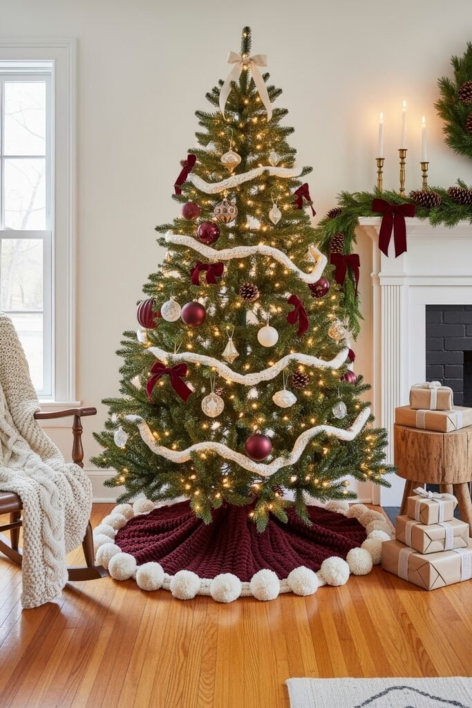 Cozy-Luxe Ideas for Burgundy Christmas Decor 20 Christmas tree with red and white ornaments, knit garland, and a burgundy tree skirt, standing beside a decorated mantel.