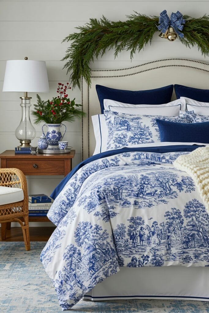 Elevate Your Bedroom with Cozy Christmas Bedding 20 Bed dressed in blue and white toile christmas bedding with velvet pillows, paired with evergreen garland, blue ribbon, and festive holiday accents.