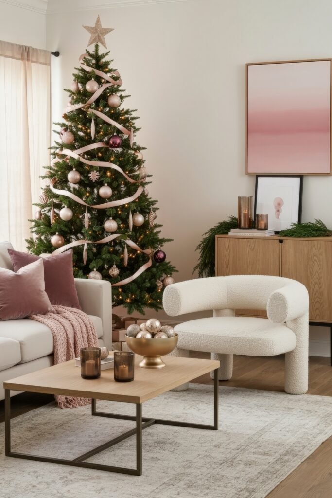 Cozy, Modern Magic for Your christmas living room 20 A stylish christmas living room with a tree decorated in blush and rose gold ornaments, paired with soft pink pillows, a cozy boucle chair, and a modern coffee table.