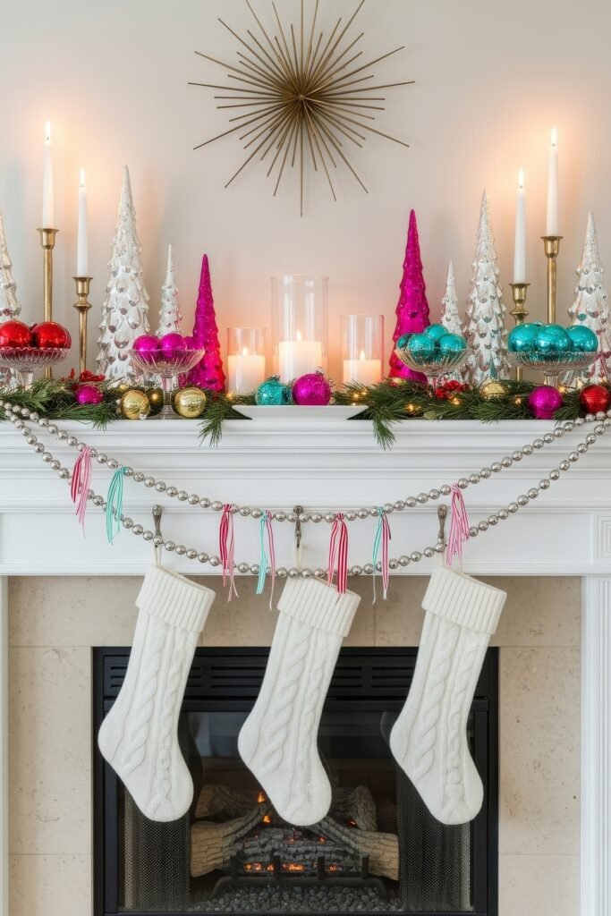 Bright and playful mantle with colorful ornaments, metallic trees, glowing candles, garland, and three white stockings hung below.